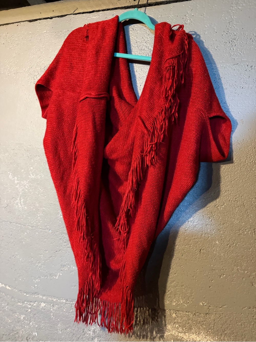 Red Fringe Knit Women's Sweater Poncho